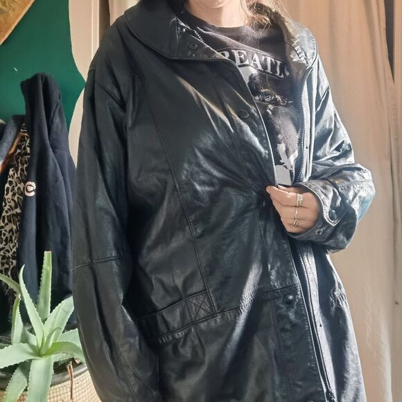 Oversized Vintage 80s 90s Black Karge Leather Jacket Bomber Moto - Picture 3 of 7